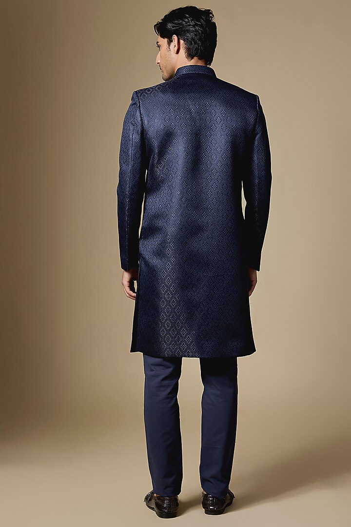 Navy Dupion Silk Embroidered Wedding Sherwani Set by Spring Break Men at Pernia's Pop Up Shop