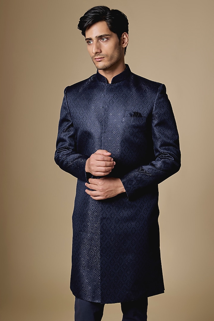 Navy Dupion Silk Embroidered Wedding Sherwani Set by Spring Break Men at Pernia's Pop Up Shop