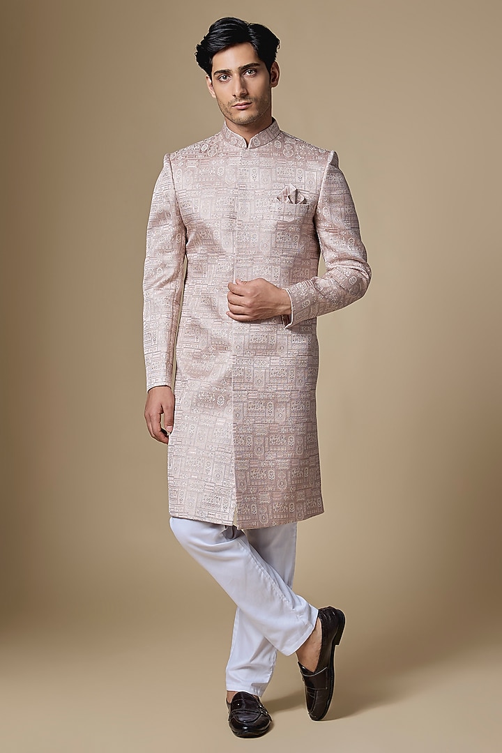 Light Pink Dupion Silk Embroidered Jacquard Wedding Sherwani Set by Spring Break Men at Pernia's Pop Up Shop