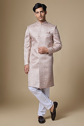 Light Pink Dupion Silk Embroidered Jacquard Sherwani Set by Spring Break Men