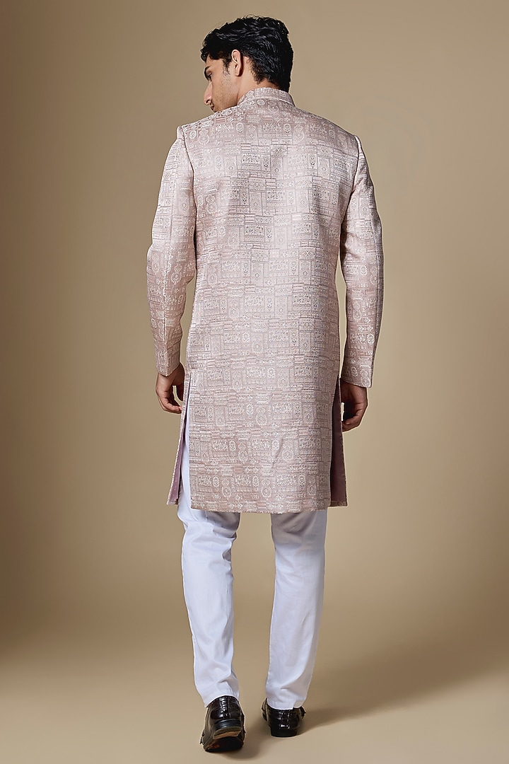 Light Pink Dupion Silk Embroidered Jacquard Wedding Sherwani Set by Spring Break Men at Pernia's Pop Up Shop