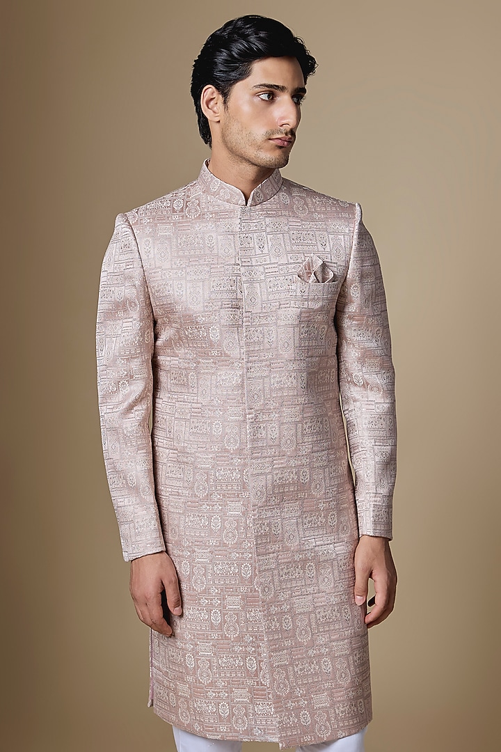 Light Pink Dupion Silk Embroidered Jacquard Wedding Sherwani Set by Spring Break Men at Pernia's Pop Up Shop