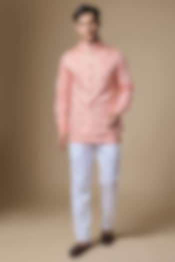 Peach Dupion Silk Machine Embroidered Bundi Jacket Set by Spring Break Men at Pernia's Pop Up Shop