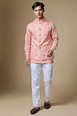 Peach Dupion Silk Machine Embroidered Bundi Jacket Set by Spring Break Men