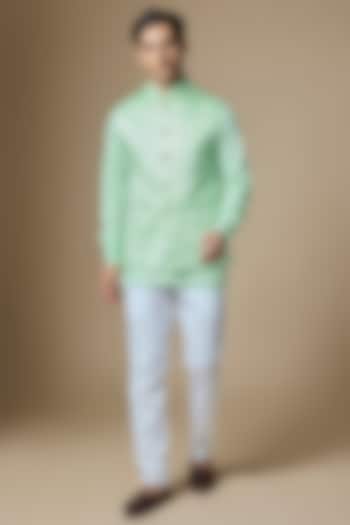 Mint Green Dupion Silk Machine Embroidered Bundi Jacket Set by Spring Break Men at Pernia's Pop Up Shop
