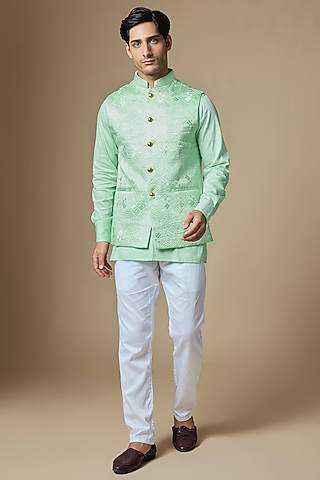 Mint Green Dupion Silk Machine Embroidered Bundi Jacket Set by Spring Break Men