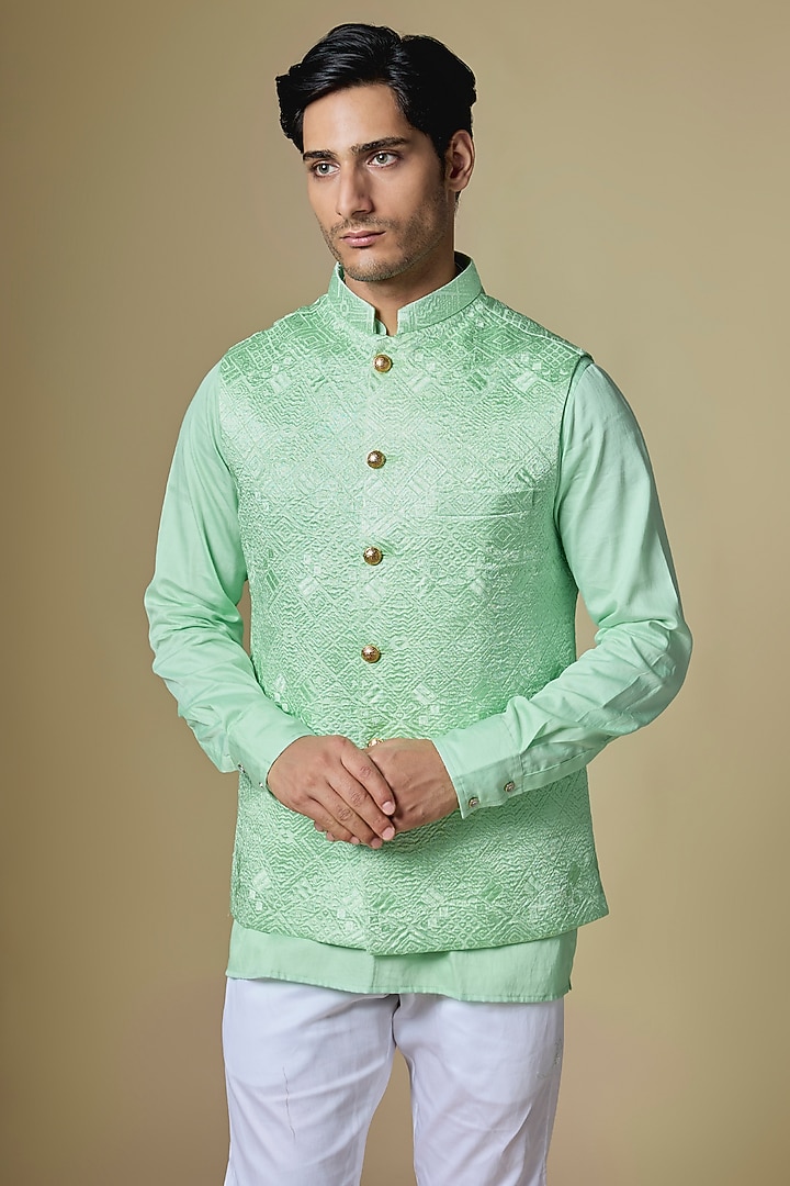 Mint Green Dupion Silk Machine Embroidered Bundi Jacket Set by Spring Break Men at Pernia's Pop Up Shop
