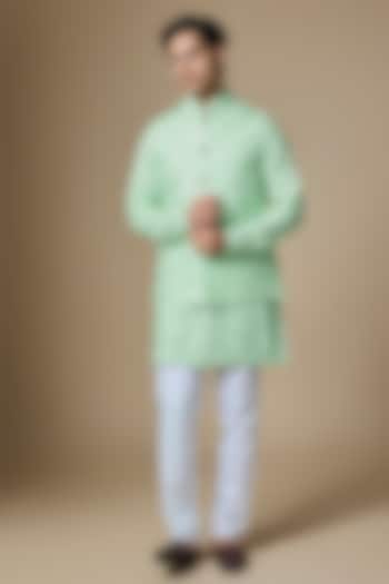 Mint Green Dupion Silk Machine Embroidered Bundi Jacket Set by Spring Break Men at Pernia's Pop Up Shop