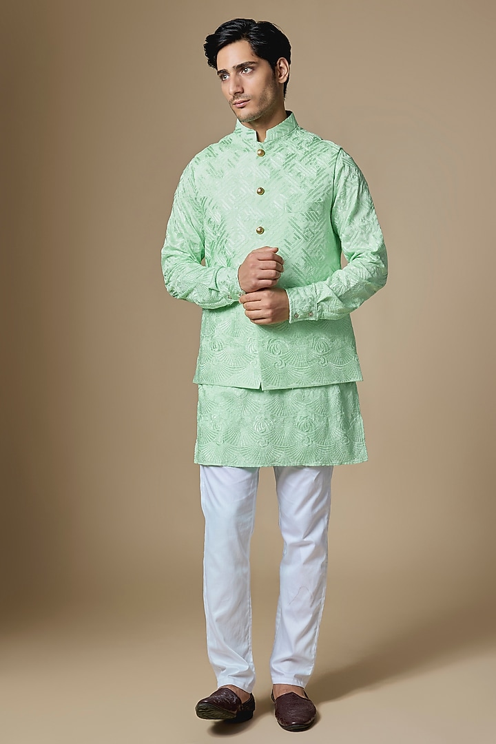 Mint Green Dupion Silk Machine Embroidered Bundi Jacket Set by Spring Break Men at Pernia's Pop Up Shop