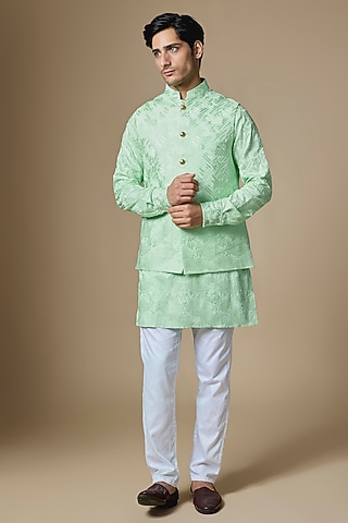 Mint Green Dupion Silk Machine Embroidered Bundi Jacket Set by Spring Break Men