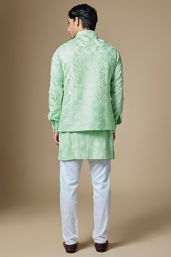 Mint Green Dupion Silk Machine Embroidered Bundi Jacket Set by Spring Break Men at Pernia's Pop Up Shop