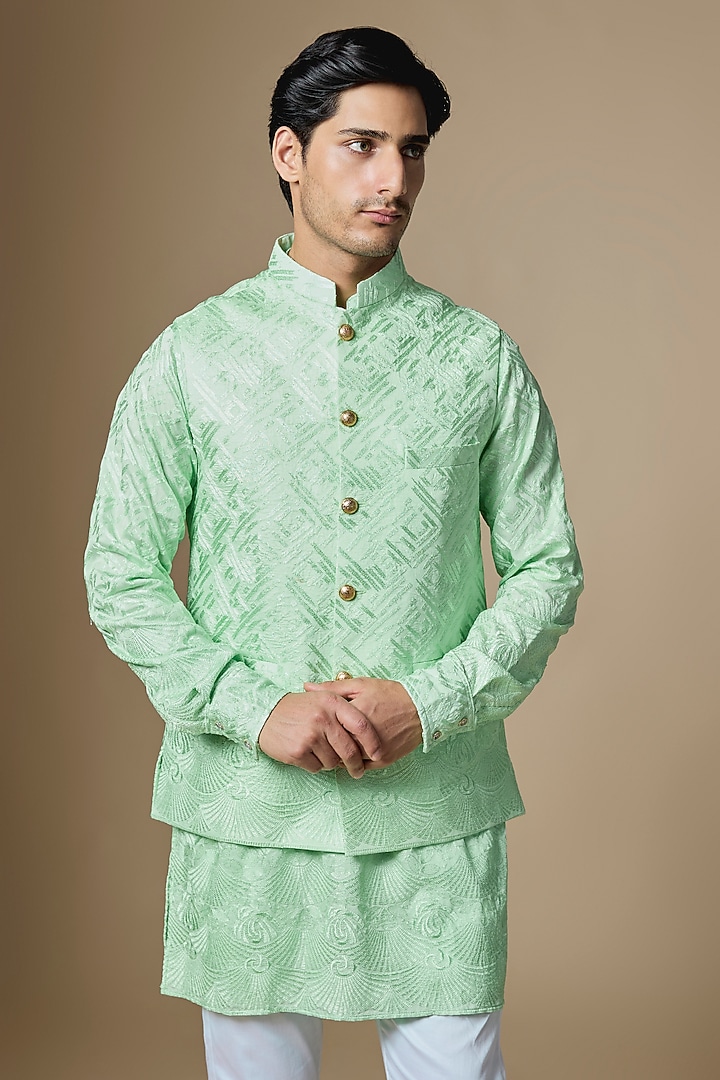 Mint Green Dupion Silk Machine Embroidered Bundi Jacket Set by Spring Break Men at Pernia's Pop Up Shop