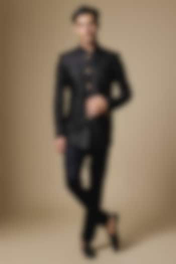 Black Dupion Silk Machine Embroidered Bandhgala by Spring Break Men at Pernia's Pop Up Shop