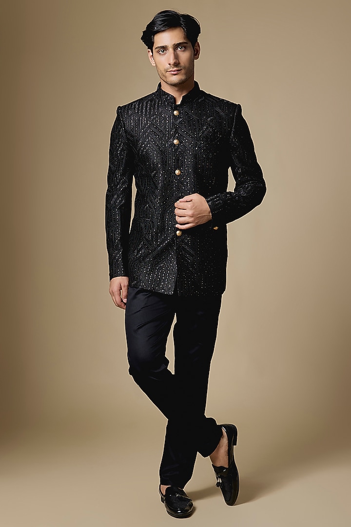 Black Dupion Silk Machine Embroidered Bandhgala by Spring Break Men at Pernia's Pop Up Shop