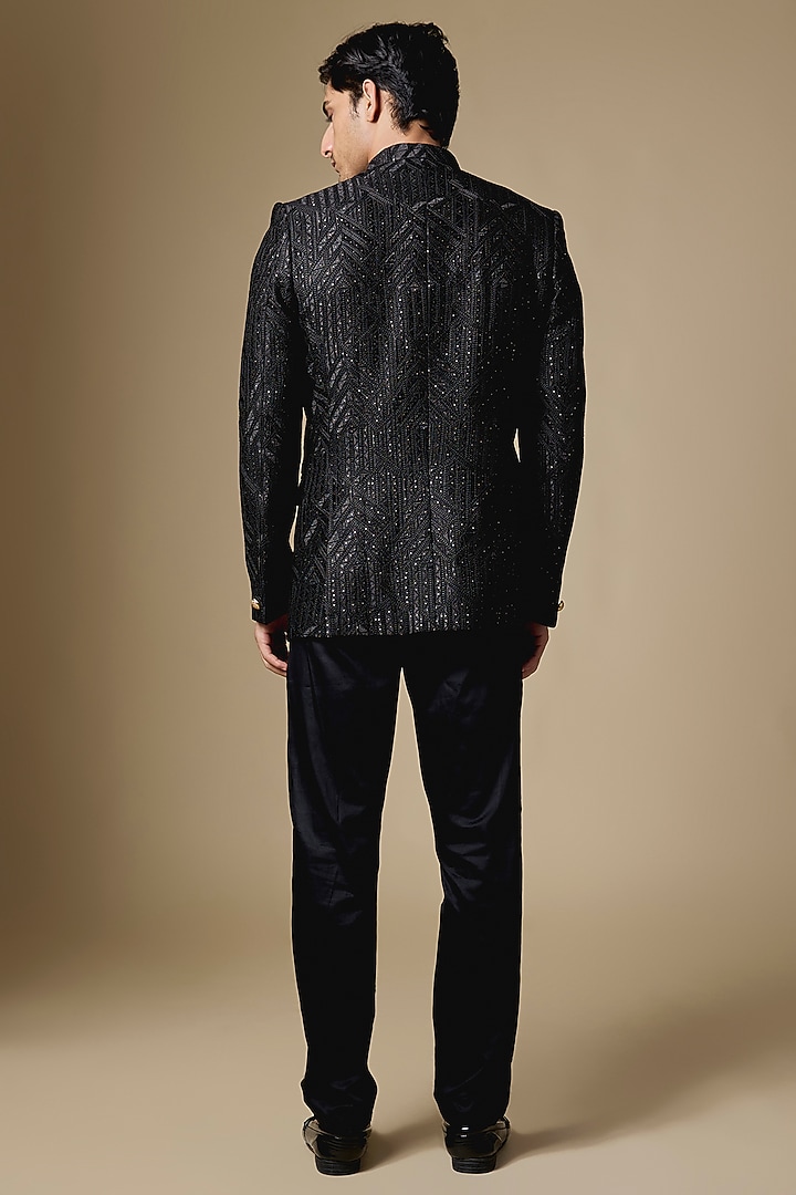 Black Dupion Silk Machine Embroidered Bandhgala by Spring Break Men at Pernia's Pop Up Shop