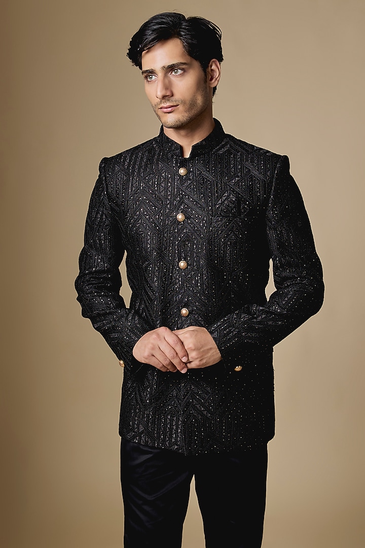 Black Dupion Silk Machine Embroidered Bandhgala by Spring Break Men at Pernia's Pop Up Shop