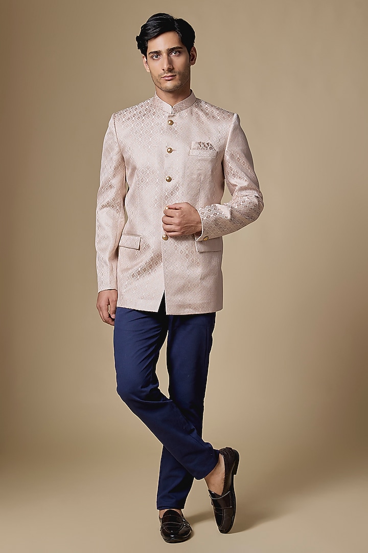 Light Pink Dupion Silk Machine Embroidered Bandhgala by Spring Break Men at Pernia's Pop Up Shop