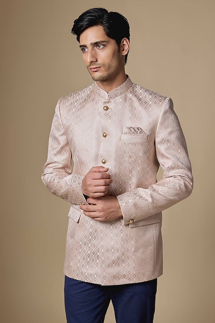 Light Pink Dupion Silk Machine Embroidered Bandhgala by Spring Break Men at Pernia's Pop Up Shop