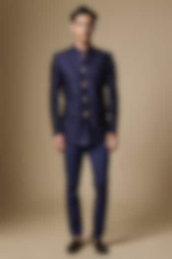 Navy Blue Dupion Silk Machine Embroidered Bandhgala by Spring Break Men at Pernia's Pop Up Shop
