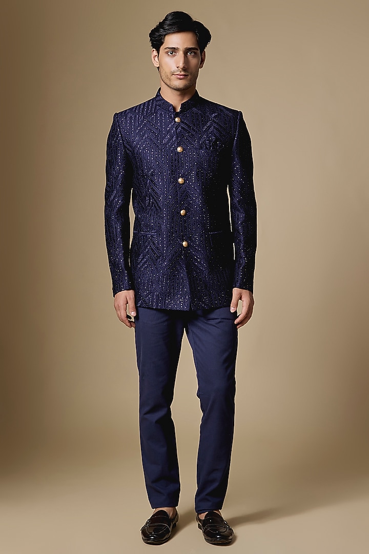 Navy Blue Dupion Silk Machine Embroidered Bandhgala by Spring Break Men at Pernia's Pop Up Shop