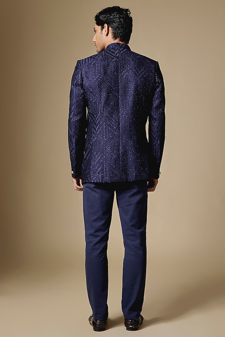 Navy Blue Dupion Silk Machine Embroidered Bandhgala by Spring Break Men at Pernia's Pop Up Shop