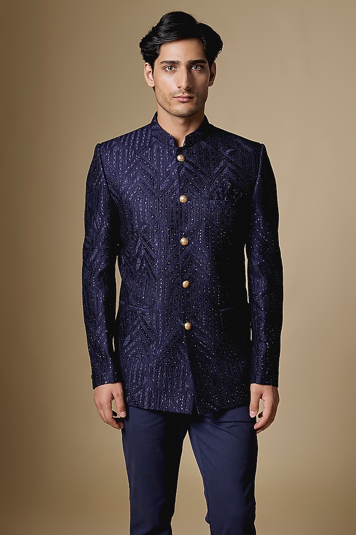 Navy Blue Dupion Silk Machine Embroidered Bandhgala by Spring Break Men at Pernia's Pop Up Shop