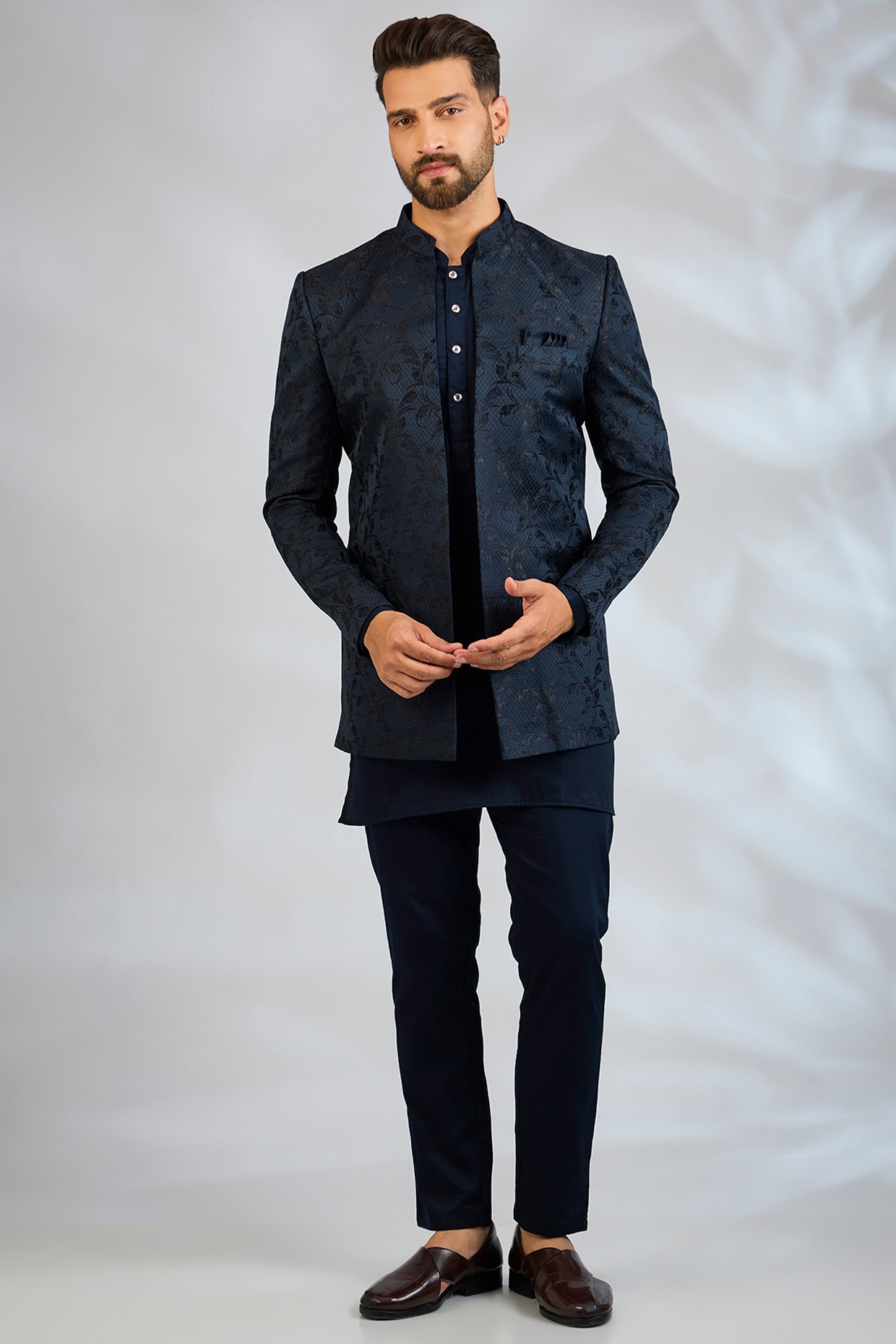 Spring Break Navy Blue Blended Silk Embroidered Indowestern Set