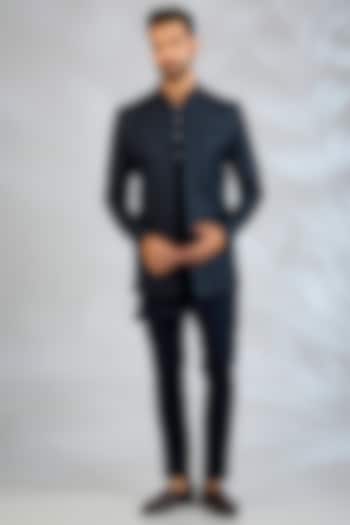 Navy Blue Blended Silk Embroidered Wedding Indowestern Set by Spring Break Men at Pernia's Pop Up Shop