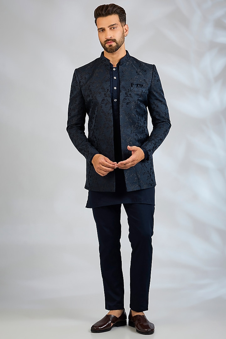 Navy Blue Blended Silk Embroidered Wedding Indowestern Set by Spring Break Men at Pernia's Pop Up Shop
