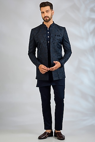 Navy Blue Blended Silk Embroidered Indowestern Set by Spring Break Men
