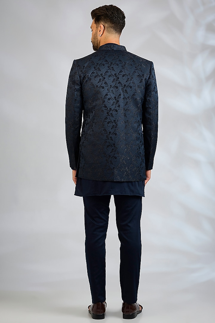 Navy Blue Blended Silk Embroidered Wedding Indowestern Set by Spring Break Men at Pernia's Pop Up Shop