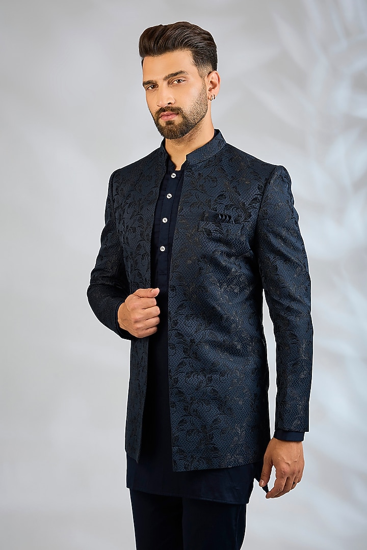 Navy Blue Blended Silk Embroidered Wedding Indowestern Set by Spring Break Men at Pernia's Pop Up Shop