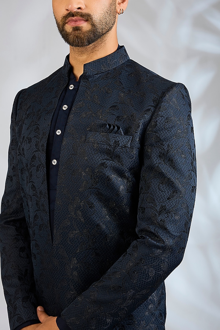 Navy Blue Blended Silk Embroidered Wedding Indowestern Set by Spring Break Men at Pernia's Pop Up Shop