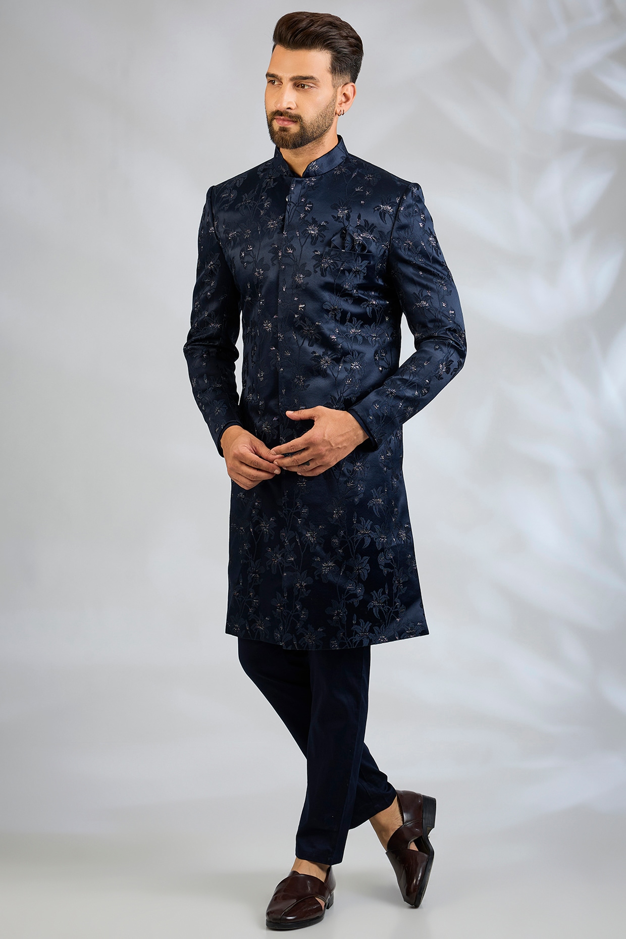 Spring Break Navy Blue Blended Silk Floral Embroidered Sherwani Set