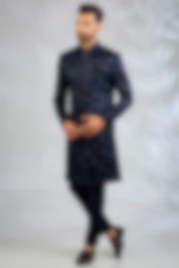 Navy Blue Blended Silk Floral Embroidered Wedding Sherwani Set by Spring Break Men at Pernia's Pop Up Shop