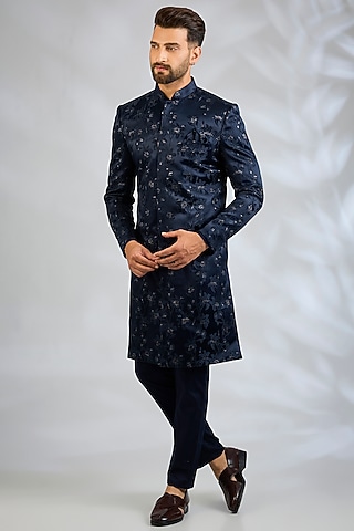 Navy Blue Blended Silk Floral Embroidered Sherwani Set by Spring Break Men