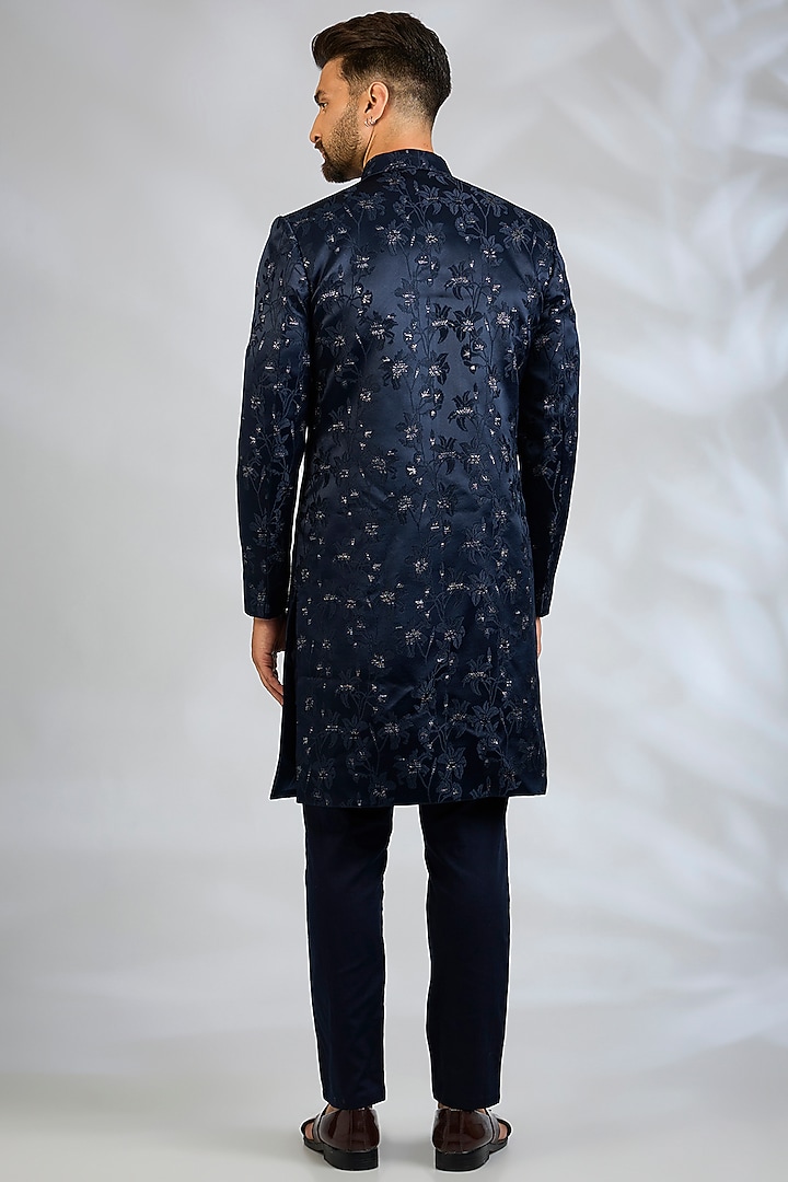Navy Blue Blended Silk Floral Embroidered Wedding Sherwani Set by Spring Break Men at Pernia's Pop Up Shop