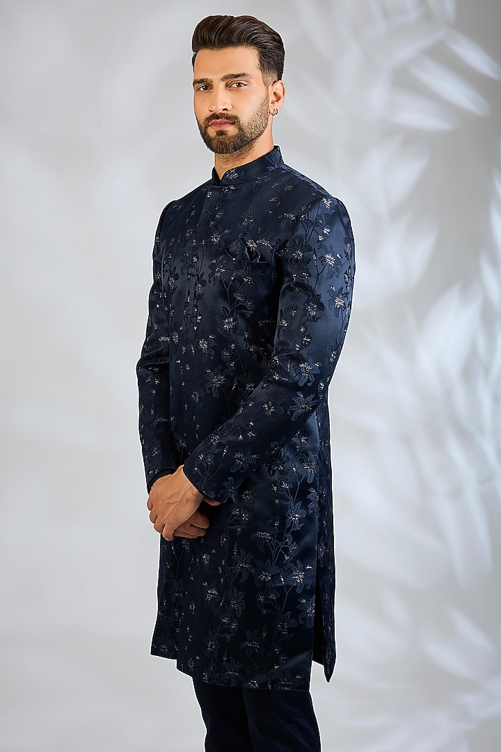 Navy Blue Blended Silk Floral Embroidered Wedding Sherwani Set by Spring Break Men at Pernia's Pop Up Shop