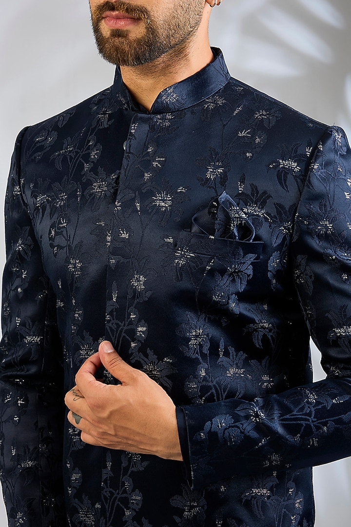 Navy Blue Blended Silk Floral Embroidered Wedding Sherwani Set by Spring Break Men at Pernia's Pop Up Shop