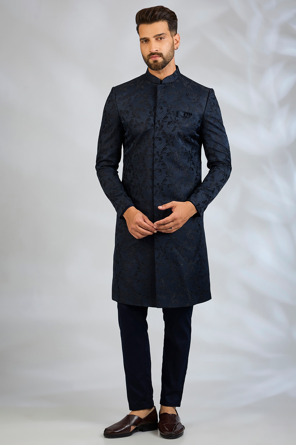 Spring Break Navy Blue Blended Silk Embroidered Sherwani Set