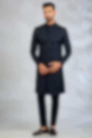Navy Blue Blended Silk Embroidered Wedding Sherwani Set by Spring Break Men at Pernia's Pop Up Shop