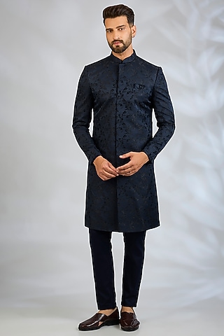 Navy Blue Blended Silk Embroidered Sherwani Set by Spring Break Men