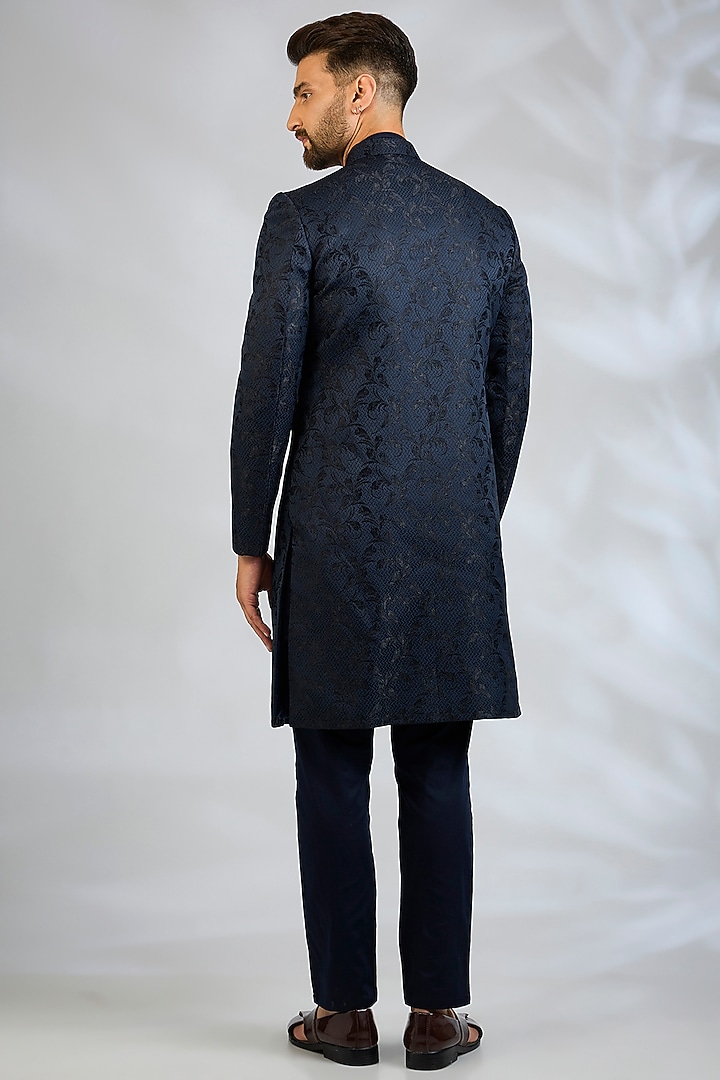 Navy Blue Blended Silk Embroidered Wedding Sherwani Set by Spring Break Men at Pernia's Pop Up Shop