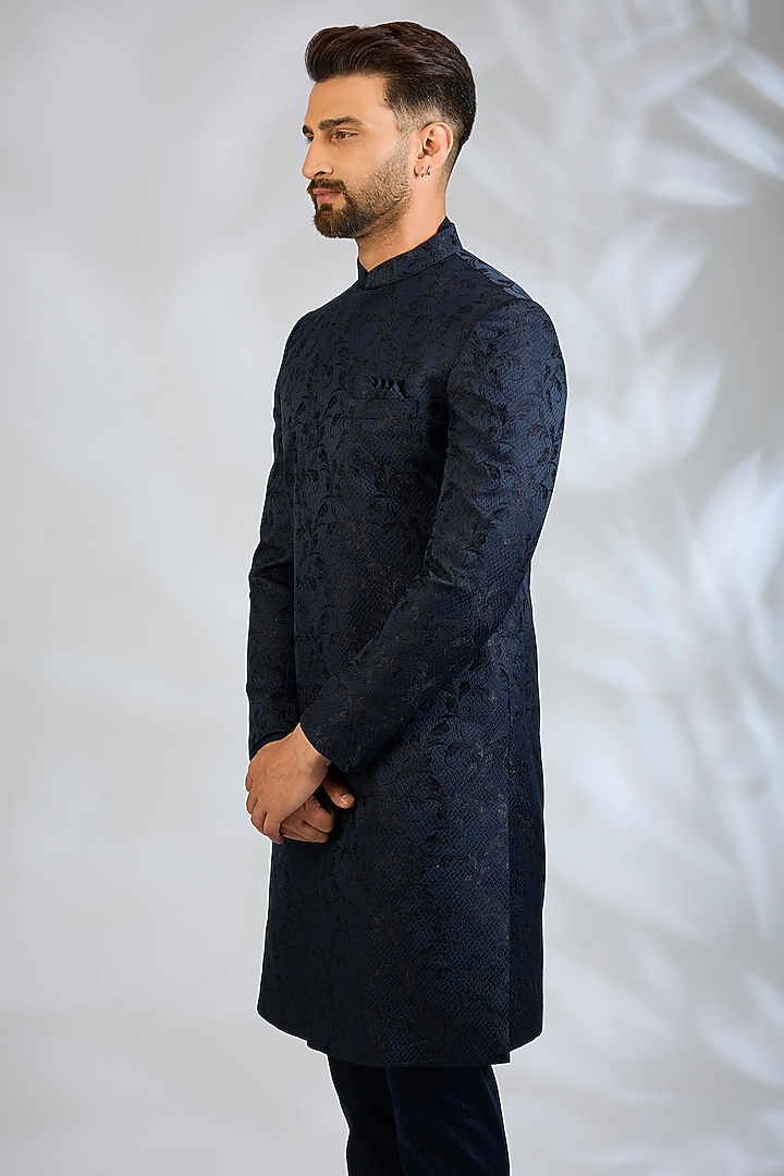 Navy Blue Blended Silk Embroidered Wedding Sherwani Set by Spring Break Men at Pernia's Pop Up Shop