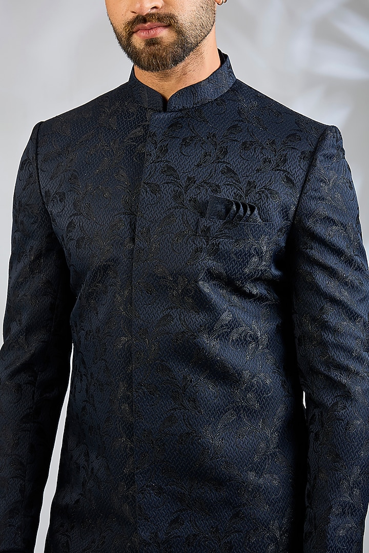 Navy Blue Blended Silk Embroidered Wedding Sherwani Set by Spring Break Men at Pernia's Pop Up Shop