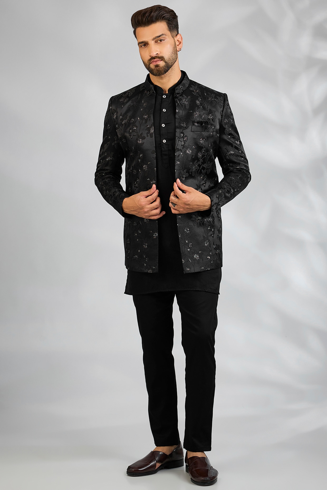 Spring Break Black Blended Silk Floral Embroidered Indowestern Set