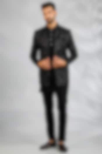 Black Blended Silk Floral Embroidered Wedding Indowestern Set by Spring Break Men at Pernia's Pop Up Shop