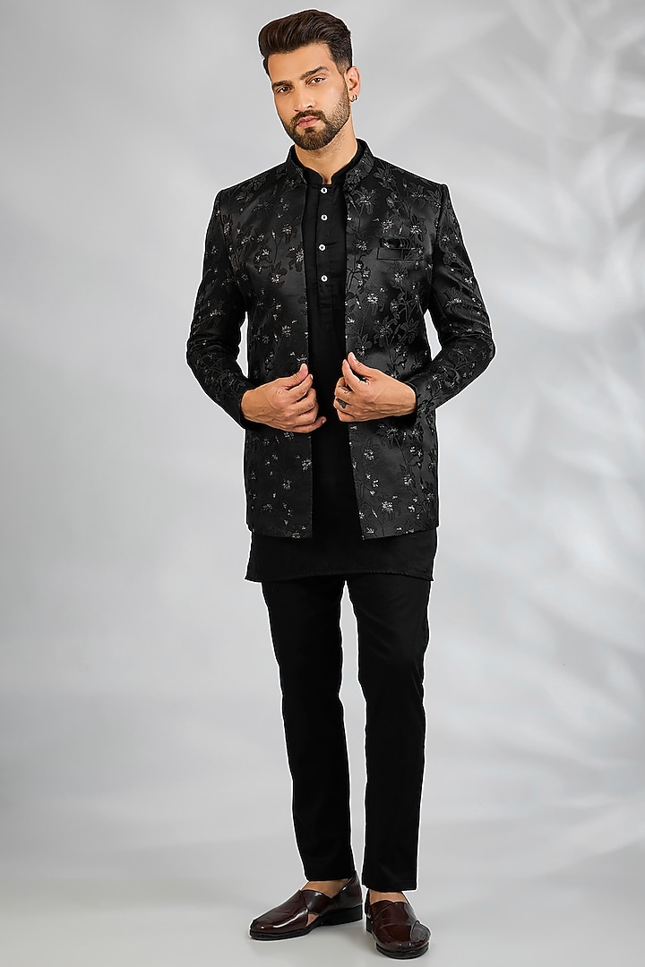 Black Blended Silk Floral Embroidered Wedding Indowestern Set by Spring Break Men at Pernia's Pop Up Shop