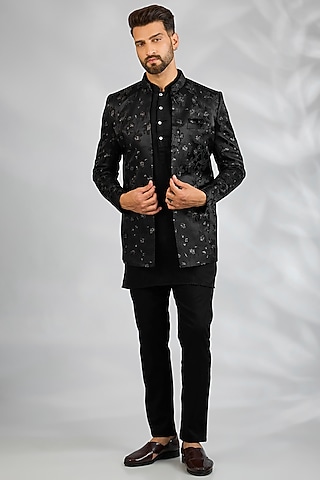 Black Blended Silk Floral Embroidered Indowestern Set by Spring Break Men