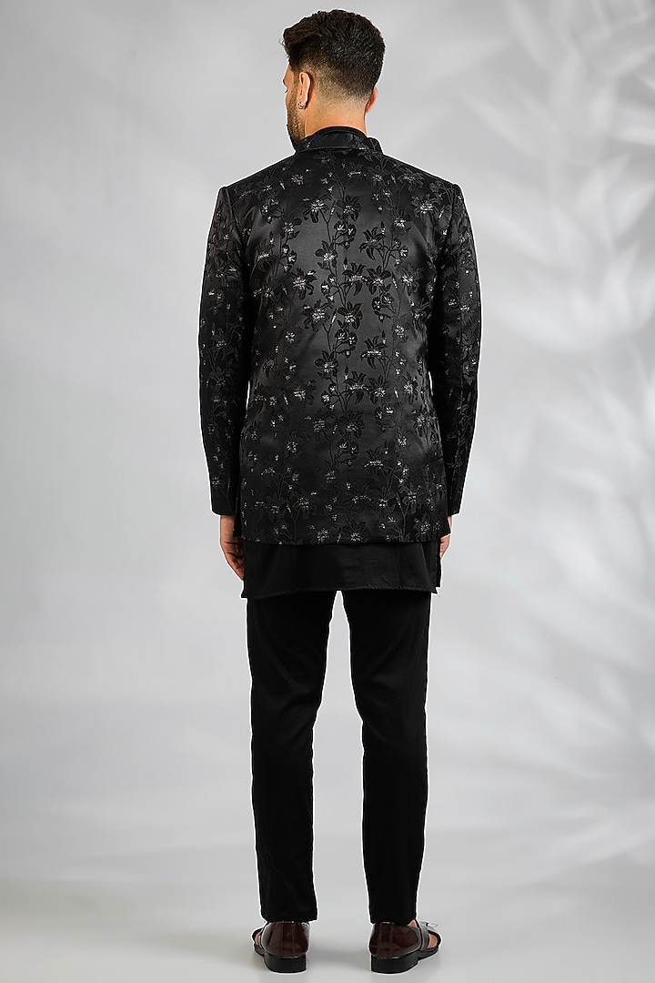 Black Blended Silk Floral Embroidered Wedding Indowestern Set by Spring Break Men at Pernia's Pop Up Shop